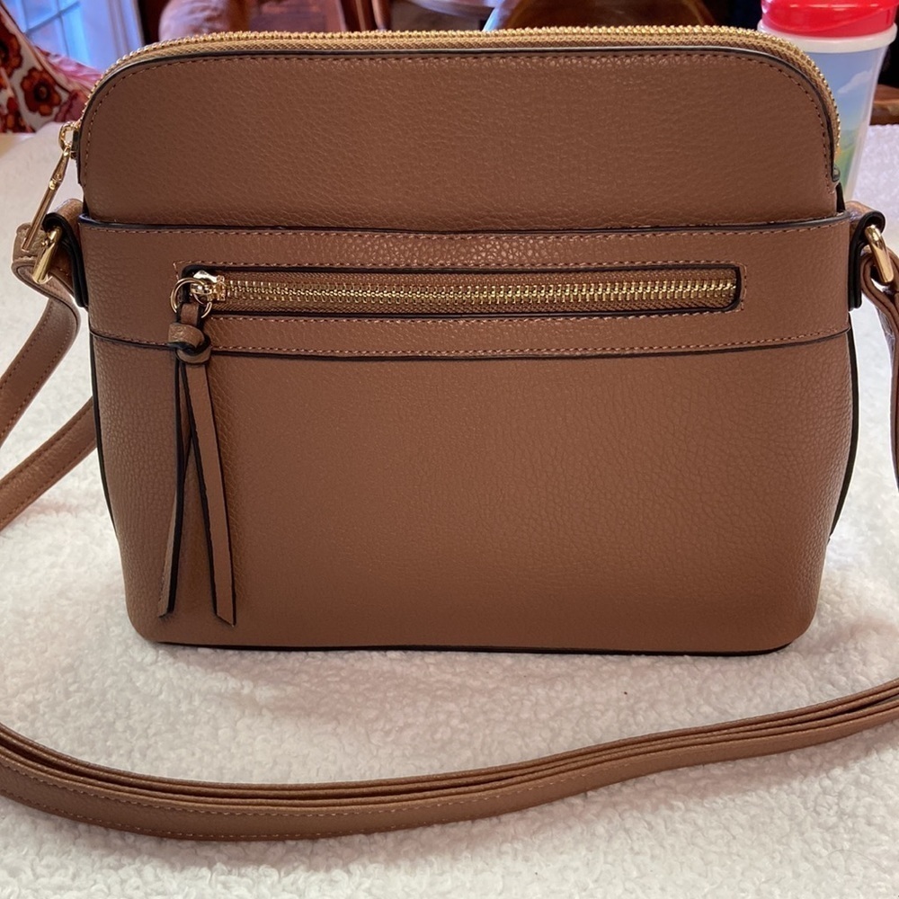 Creamy Beige Handbag PVC Leather Gold Accents Crossbody To Shoulder